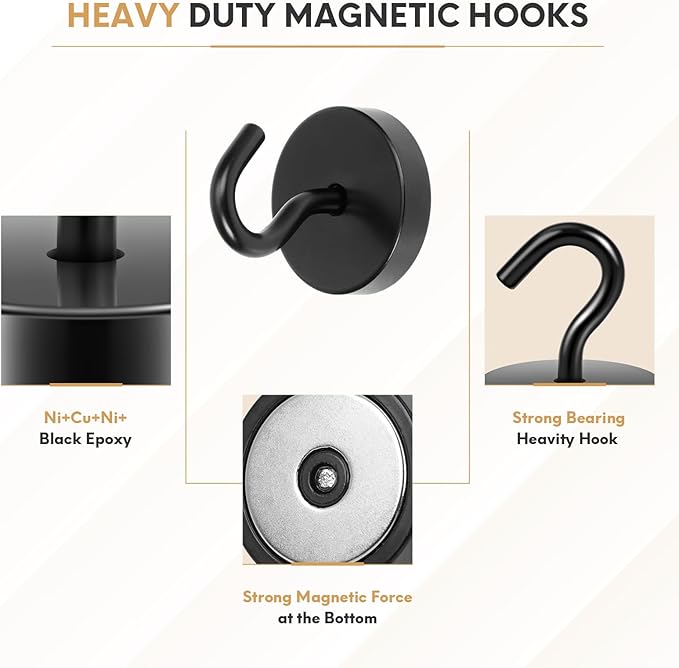Neosmuk Magnetic Hooks, Cruise Ship Essentials, 120lb+ Heavy Duty Magnetic Hooks for Cruise Cabins, Refrigerator, Grill, Hanging, and Travel | Extra Strong Must-Haves Magnet Hook,Black