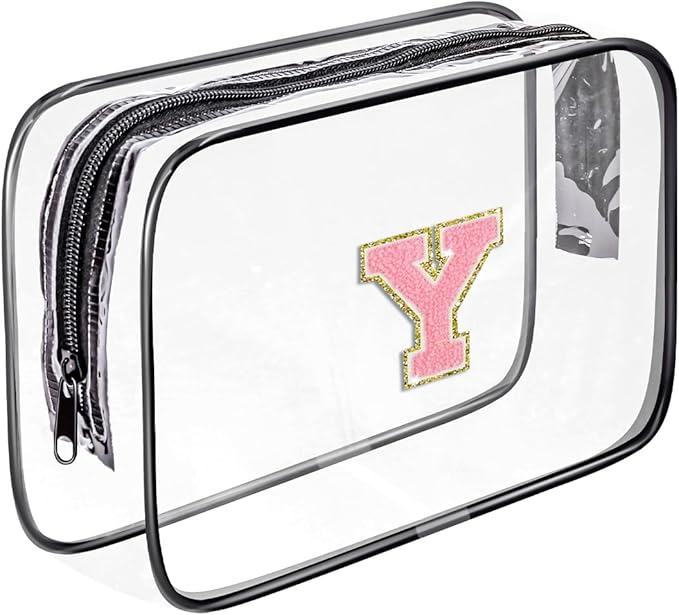 Clear Toiletry Bag,Portable Travel Toiletry Bag,Chenille Letter Cosmetic Bag with Zipper,Waterproof Makeup Bag,Cosmetic Storage Organizer for Women Men,Travel Essentials (Black,Y)