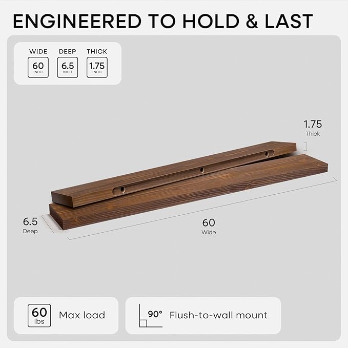 Homeforia Classic Walnut 60-inch Floating Shelf, High-End Solid Real Wood Small 60-inch Floating Shelves for Wall Mounted, 60-inch Floating Shelves, Heavy Duty Bracket, 60 X 6.5 X 1.75 inches, Set of 3