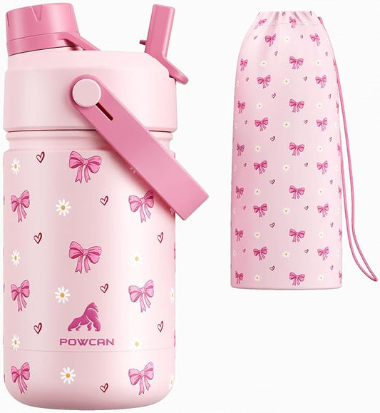 12 oz Insulated Water Bottle for Girls: 2-in-1 Straw Spout Lid, Leakproof, BPA-Free, Easy Carry, Keep Cold 24H, Cute Patterns, Kids Stainless Steel Cup for School, Travel, Holiday Gift (Bow Crush)