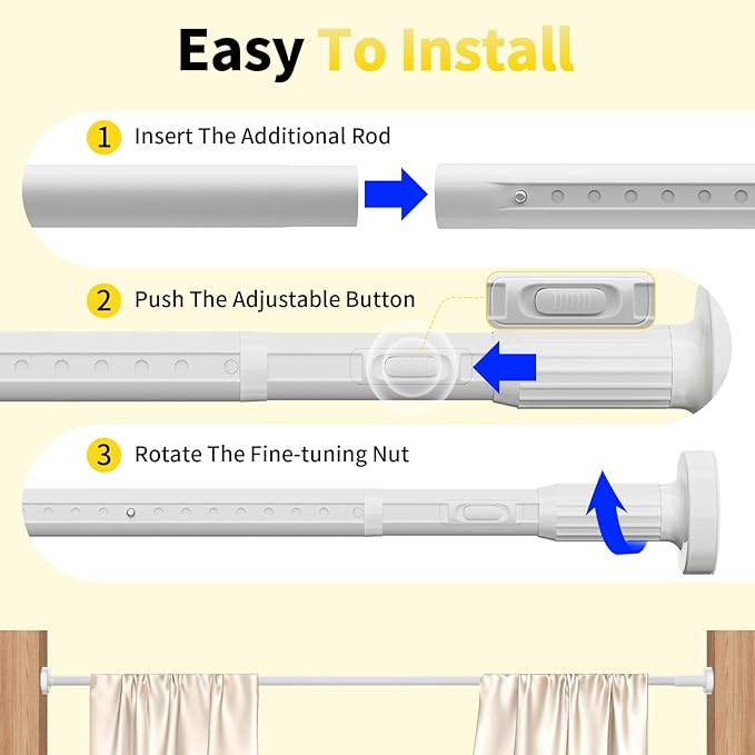 Tension Curtain Rod 39-173In-22Lb Outdoor Extra Long Curtain Rod No Drilling for Window or Bathroom Patio, Adjustable Heavy Duty Shower Curtain Rod, Easy to Install, Never Rust, Non-Slip-White