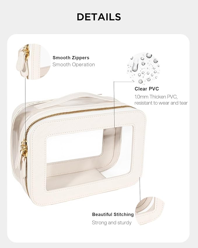 Clear Makeup Bag Set, Small Portable Clear Makeup Bag Cute Waterproof Travel Cosmetic Bag Makeup Pouch TSA Approved Toiletry Bag Women Traveling Car Organizer Car Essentials (White, Standard + Mini)