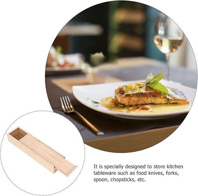Bamboo Knife and Fork Storage Box with Sliding Lid Rectangular Flatware Organizer for Travel and Kitchen Drawer Compact 9.65X2.48X1.5 Inch Utensil Case