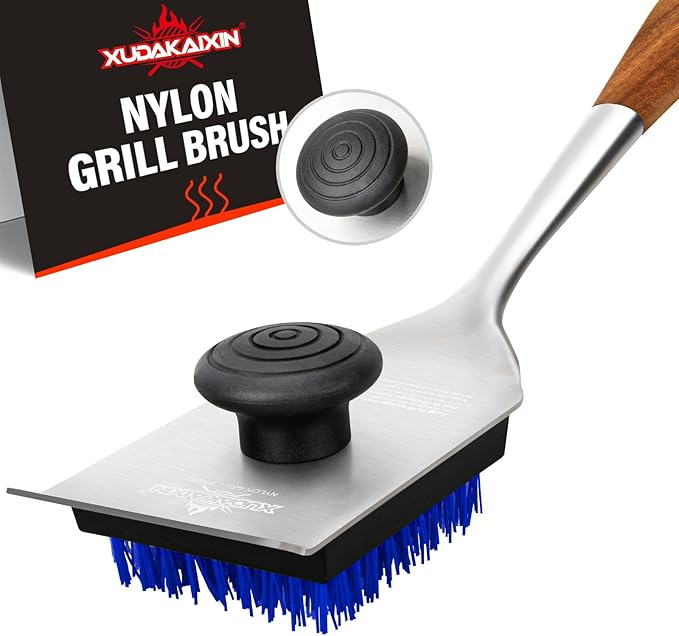 XUDAKAIXIN Grill Brush and Scraper, Dual Grip Design, Extra Strong BBQ Cleaner Accessories, Safe Nylon Bristles Barbecue Triple Scrubbers Cleaning Brush for Cast Iron Grates/Porcelain/Charcoal Grill