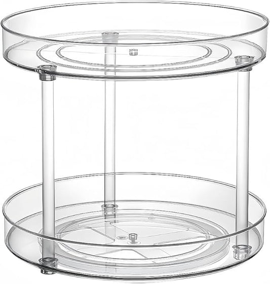 2 Tier 9.25Inch Clear Lazy Susan Organizer for Fridge and Cabinet, 360°Rotating Makeup Organizer, Cosmetic Display Cases, Under Sink Turntable Organizer for Kitchen Bathroom Dorm