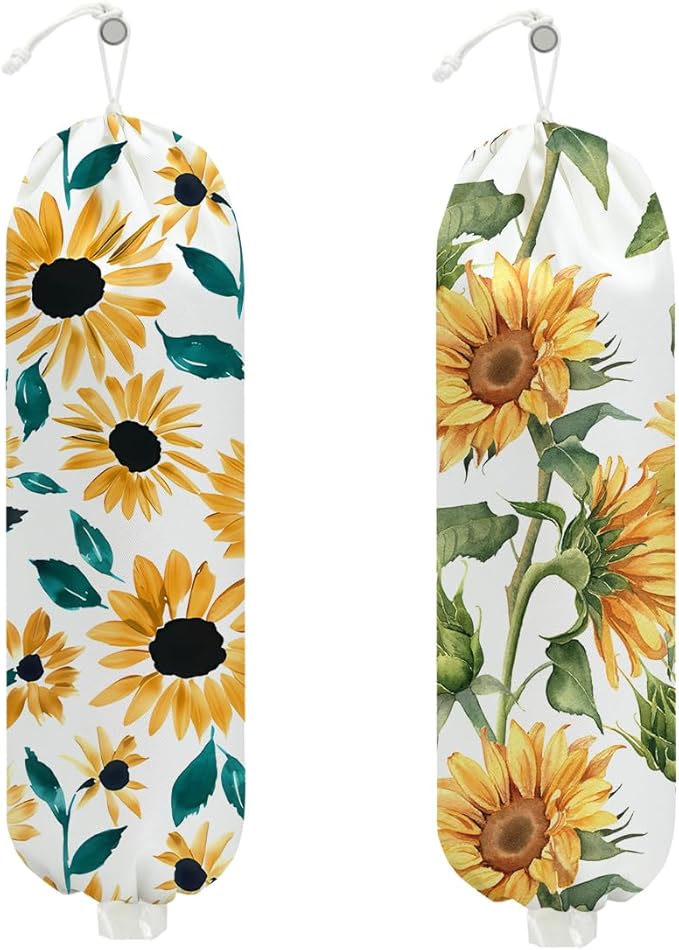 2 Pcs Sunflower Plastic Bag Holder for Kitchen Essentials, Wall Mount Grocery Bag Holder for Plastic Bags, Flower Washable Grocery Bags Storage Dispenser for Home Kitchen Pantry Decor, 22.5x9 Inch