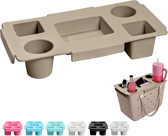 Tote Topper Tray Accessories for Bogg Bag Large Only – Waterproof EVA Table Top Organizer Lid with Cup Holder, Snack, Phone & Drink Holders for Beach, Pool, Picnic, Travel (Khaki)