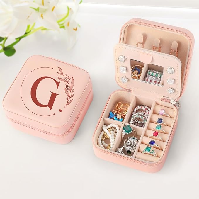 SANDJEST Personalized Jewelry Box, Pink Small Travel Jewelry Box with Initial G, Monogrammed Jewelry Case Organizer for Girls Women Teen, Mini Travel Essentials Gifts for Christmas Birthday