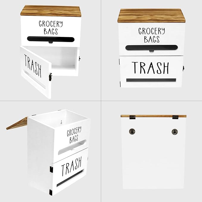 2-in-1 Trash Bag Dispenser, Double Wall Mounted, Wood Trash Bag Holder, for kitchen, garage, laundry room, can store eco-friendly food bags and garbage bags (White)