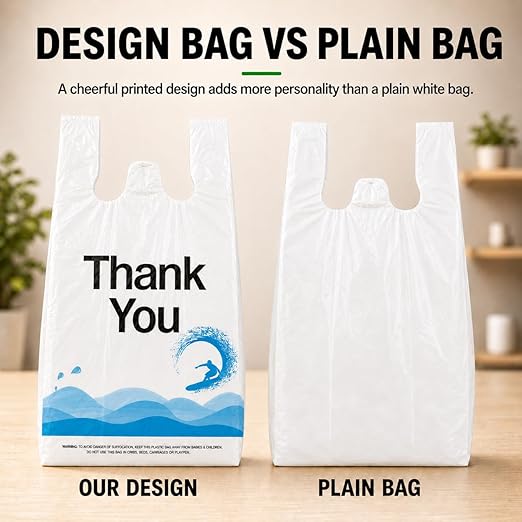YoYoRain 100 Count Plastic T-Shirt Carry Bags with Handles, Durable Retail & Merchandise Shopping Bags for Grocery and Take-Out
