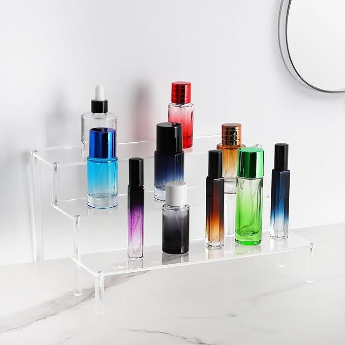 WEERSHUN 3 Tier Acrylic Display Stand Risers, Clear Tabletop Display Shelf for Perfume, Figures & Collectibles, Thick Acrylic Organizer for Cupcake, Cosmetics & Home Decoration