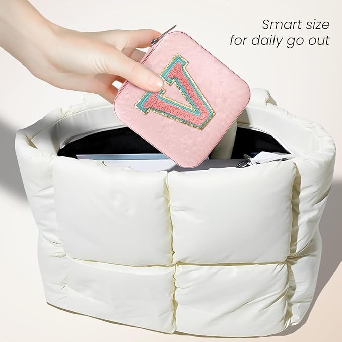 SANDJEST Personalized Jewelry Box, Pink Travel Jewelry Box with Initial V, Small Monogrammed Jewelry Case Organizer for Girls Women Teen Kids, Mini Travel Essentials Gifts for Birthday Christmas