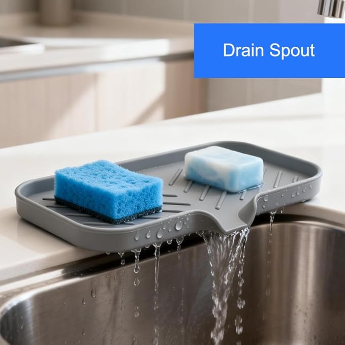 Sponge Holder for Kitchen Sink, Silicone Sponge Dish Tray with Drain Spout, Soap Dispenser Holder for Shower Bathroom (Grey, 9.8" x 4.9")