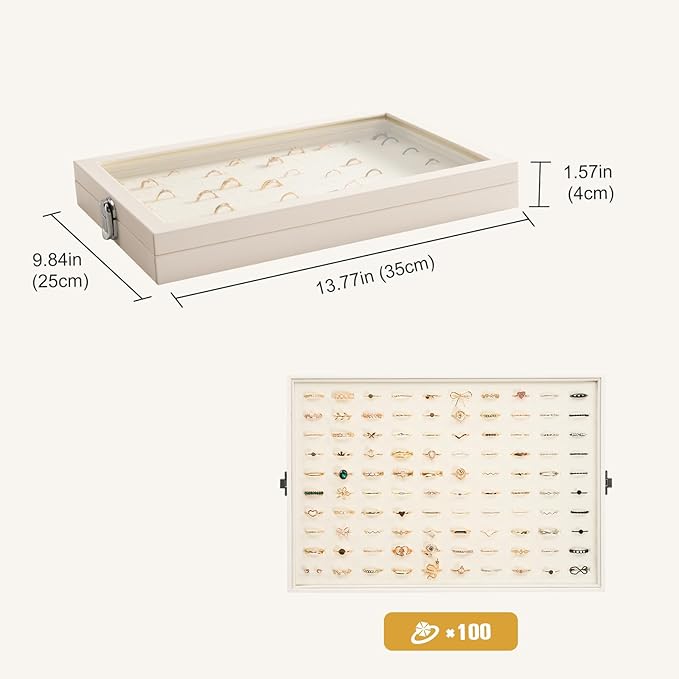 Lolalet Jewelry Organizer Tray with Lid, 100 Grids Velvet Ring Organizer Holder Storage Box for Drawer -Beige