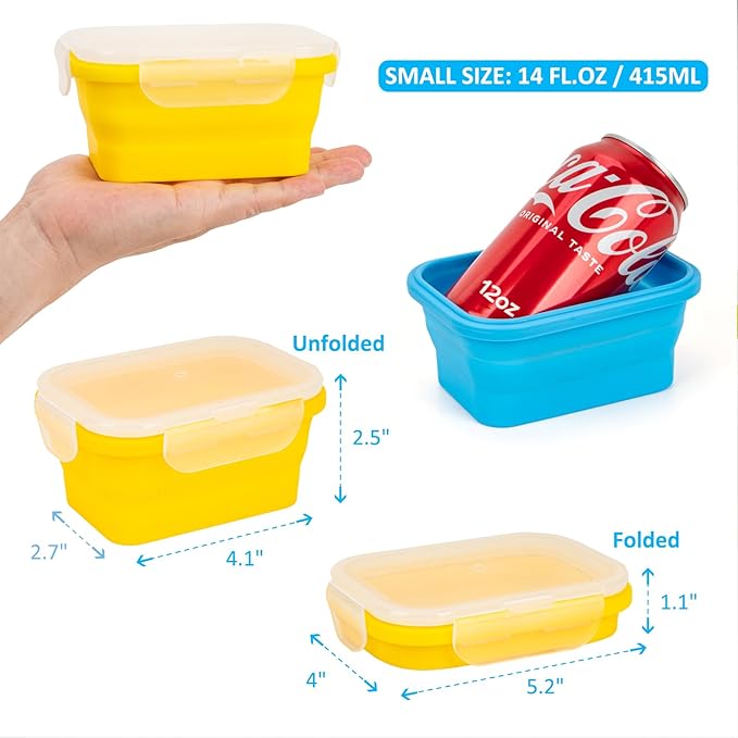 Reusable Silicone Snack Containers with Lids, 14oz, Small Collapsible Food Storage Containers for Meal Lunch Small Portion, Stackable, Space Saver for RV, Travel, Microwave Dishwasher Safe, 6 Pack