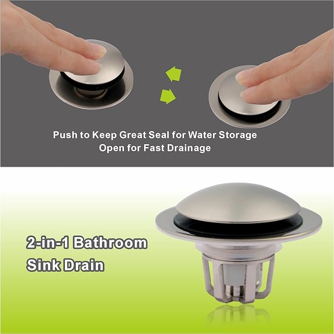 2 Pack Pop Up Sink Drain Stopper,Brushed Nickel Bathroom Sink Stopper with Hair Catcher and Anti-Clog Strainer,Glimflorus Universal 2-in-1 Drain Stopper for 1 1/8"-1 1/2" Drain Holes