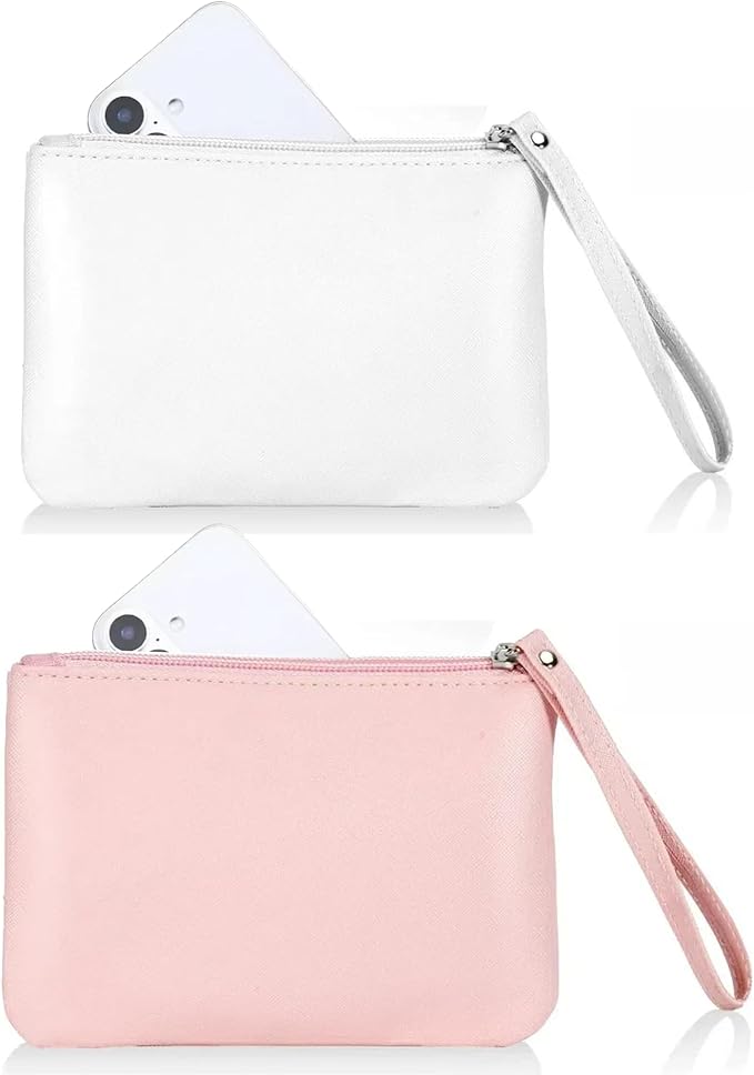 2 Pack Small Zipper Pouch Mini Makeup Bag for Purse Lipstick Cosmetic Travel Make Up Organizer for Women Essentials Feminine Products, Car Change Coin Holder 8x5 Phone Wristlet Wallet, White, Pink