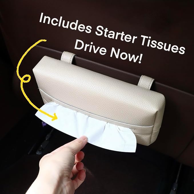 Premium PU Leather Car Tissue Holder, Included Tissues, Multi-Use Clip On Visor & Backseat Tissue Case, Vehicle Accessory, Best Gift for Holiday, Christmas