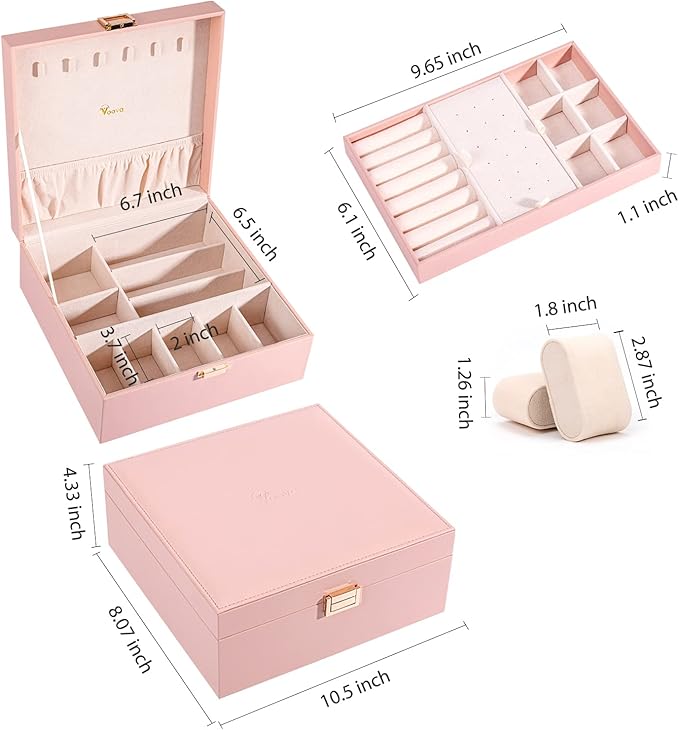 Voova Jewelry Box Organizer for Women Teen Girls, 2 Layer 5 Slot Watch Storage Case with Removable Tray, PU Leather Large Jewellery Holder Display for Watches Sunglasses Rings Earrings Necklace, Pink