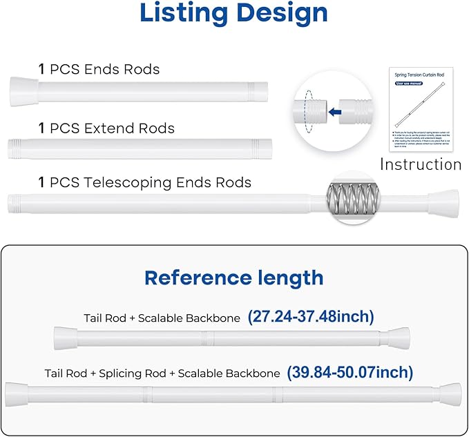 Tension Rod for Windows 28 to 48 Inch,Spring Curtain Rods No Drilling 7/8" Diameter White Tension Rods Adjustable Curtain Rods Expandable Pressure Spring Tension Rods for Closet, Doorway