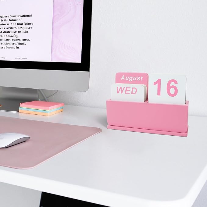 Wooden Block Perpetual Calendar for Desk, Daily Desktop Standing Flip Calendar with Large Display, Modern Farmhouse Aesthetic Desk Accessories for Home Office Decor, Reusable Yearly, Pink