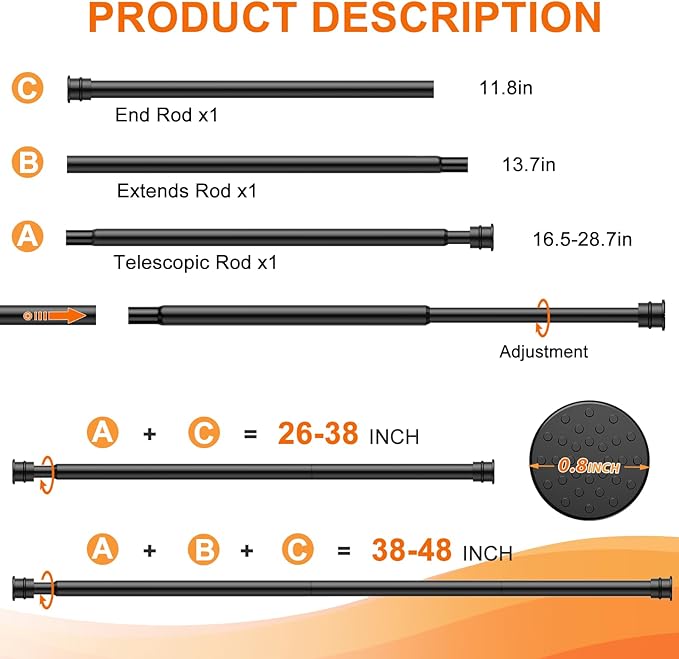 Tension Curtain Rod 26 to 48 Inch Adjustable Tension Rods 2 Pack Expandable Spring Tension Rod Black No Drilling for Closet Kitchen Cupboard Wardrobe Door Bookshelf DIY Projects