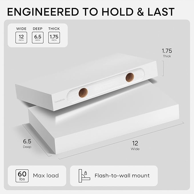 Homeforia White Floating Shelf 12 inch, High-End Solid Real Wood Small 12-inch Floating Shelves for Wall Mounted, White Wooden 12 in Floating Shelves, Heavy Duty Bracket, 12 X 6.5 X 1.75 inch, Set of 2