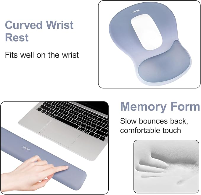 MOSISO Wrist Rest Support for Mouse Pad&Keyboard Set, Ergonomic Mousepad with Concave Curved Memory Foam, Non-Slip Base Pain Relief Comfortable Rectangular Easy Typing Pad for Home/Office,Stone Blue