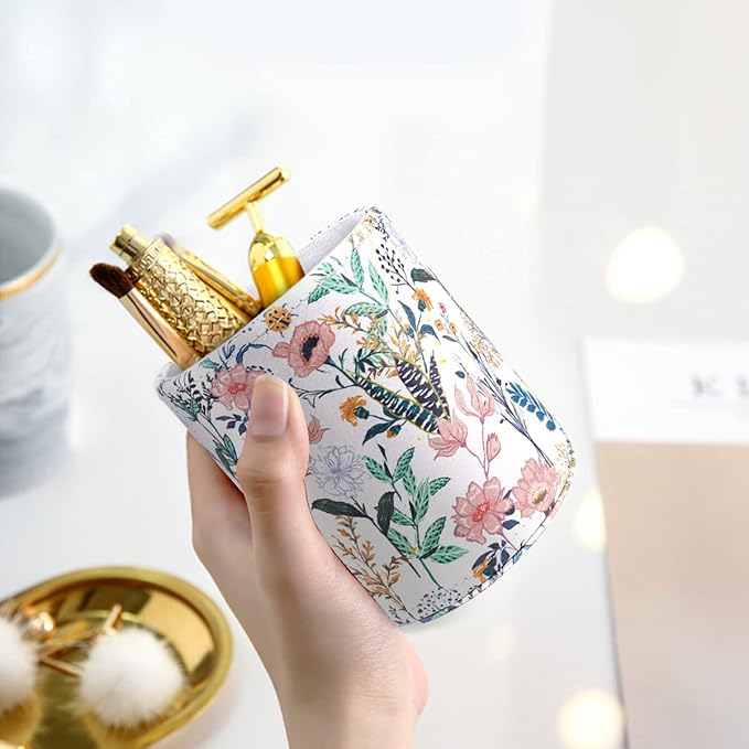 WAVEYU Pen Holder for Women Girls, Aesthetic Desk Office Accessories, Cute Floral Makeup Brush Holder, Leather Multi-Functional Organizer for Office, Home, Classroom, White Flower