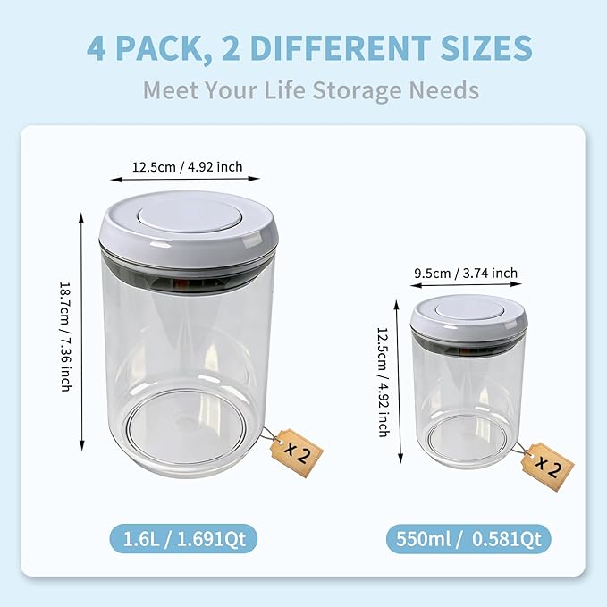 Airtight Pop-Top Food Storage Container Sets with Lids, 4-Piece Round Pop Containers for Kitchen Pantry Organization, BPA-Free Stackable Kitchen Storage Containers for Cereal, Flour, Sugar (0.6, 1.7qt)*2