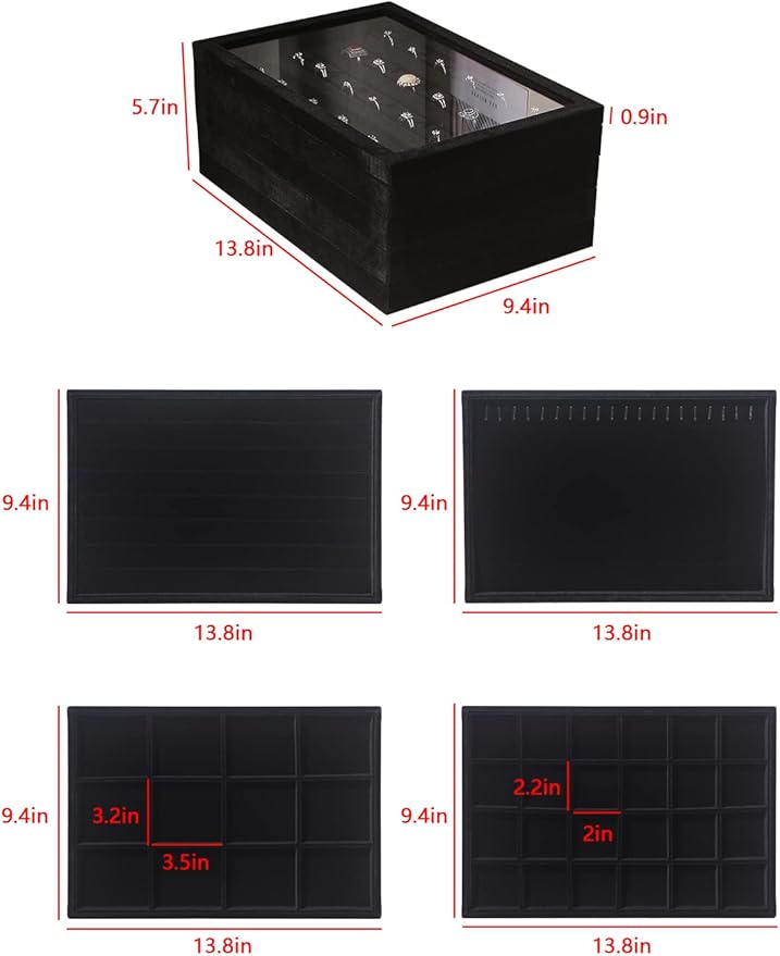 Coward Set of 5 Stackable Jewelry Organizer Tray Necklace Earring Box Storage Ring Bracelet Display Holder (Black (ring+necklace+earring+12-grid))