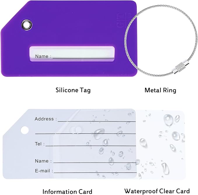 5 Pack Silicone Luggage Tag for Suitcases with Stainless Loop, TSA Approved, Privacy Protection Travel Essentials Bag Tags by Gostwo, Purple