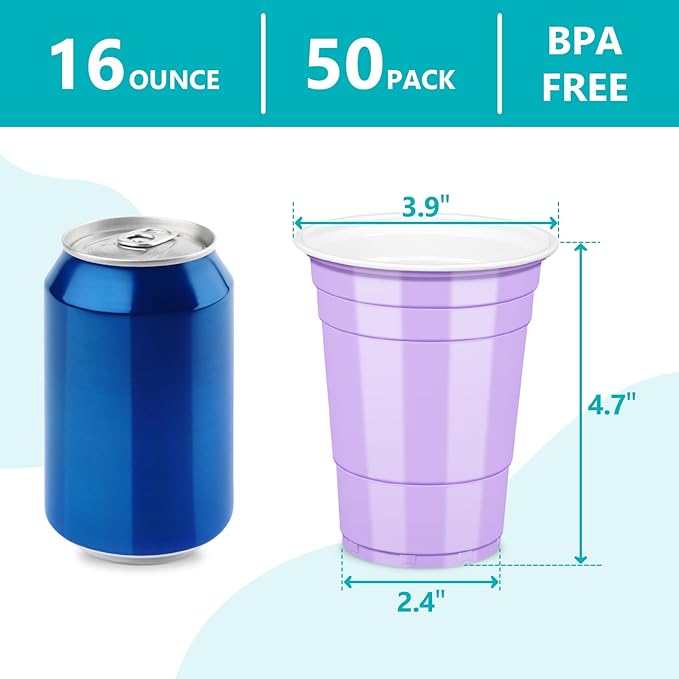 LANLISA 50 Lavender Plastic Cups, 16 oz Disposable Cups, Drinking Cups For Birthday Party, Baby Shower, Easter, Mothers Day