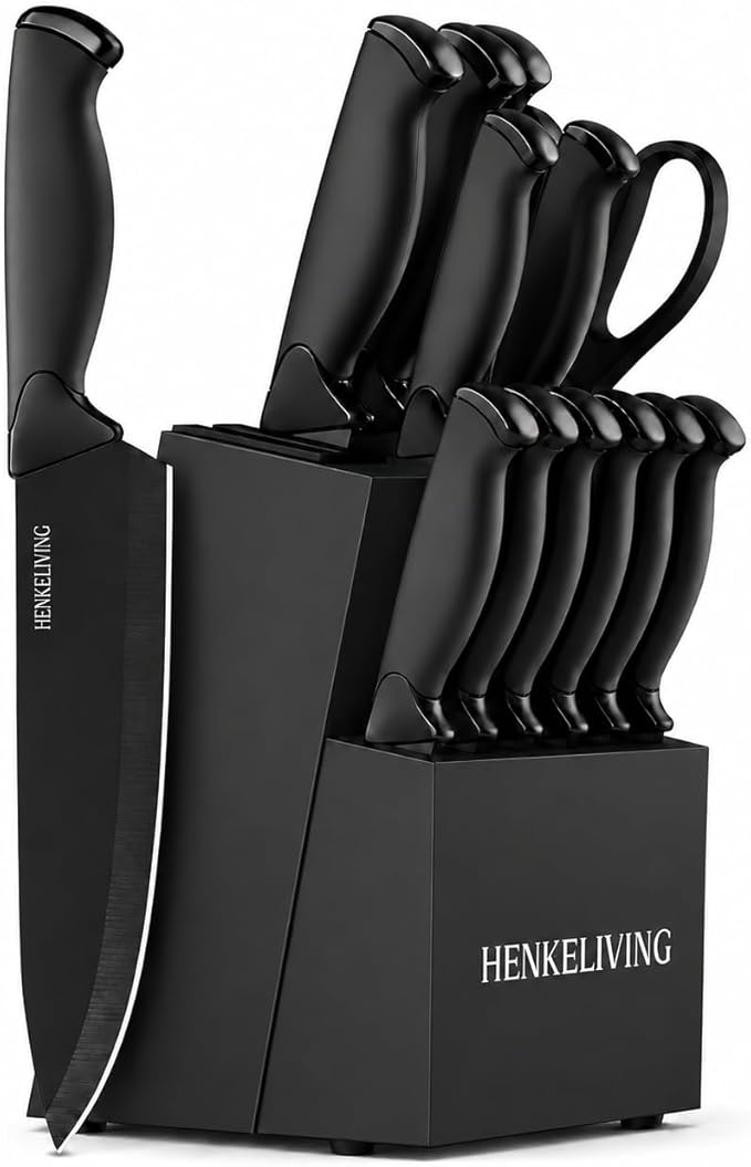 Knife Set, 14-Piece Black Dishwasher Safe Kitchen Knife Block Set with Built-In Sharpener, German High Carbon Stainless Steel Blades, Ultra Sharp Knives with Ergonomic Non-Slip Handles