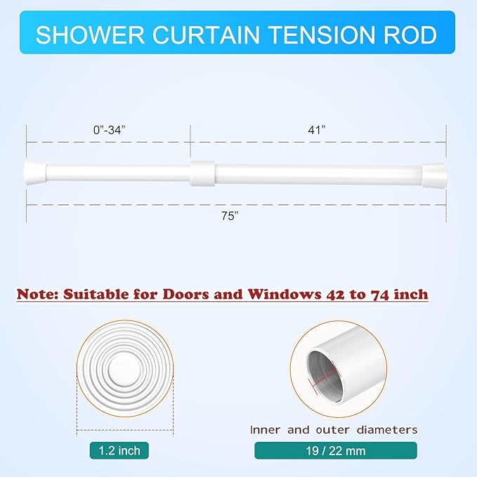 2pcs Shower Curtain Tension Rods 41-75 Inches Adjustable Spring Rod No Drill Anti-slip for Windows,Kitchen,Bathroom,Doors,Closet,Doorway 42 to 74 inch, White
