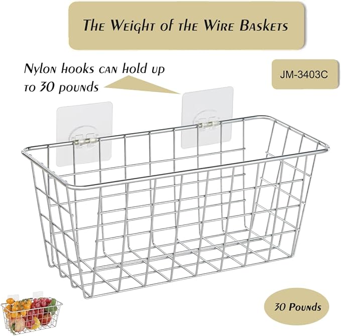 2 Pack Hanging Storage Basket, Bathroom Basket, Household Goods, with Traceless Tape, no Drilling, for Cabinet Storage, Kitchen, Bathroom, Storage Room,Chrome