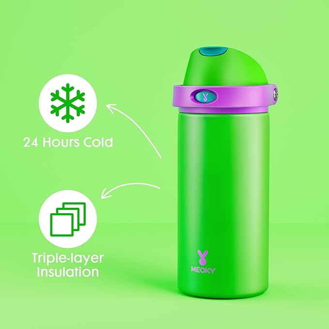 18 oz Kids Water Bottle for School: Meoky 18 oz Stainless Steel Insulated Water Bottle with 2-in-1 Straw and Spout Lid - Leak Proof, Cold for 24 Hours, BPA-Free for Teens Boys Girls, Power Green