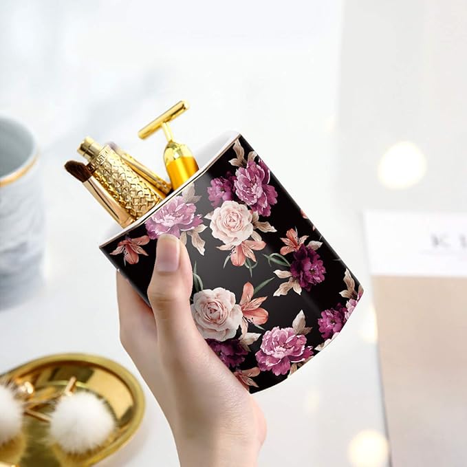 WAVEYU Pen Holder, Pencil Holder for Desk Floral Pattern Pencil Cup for Girls Kids Durable Ceramic Desk Organizer Makeup Brush Holder for Office, Classroom, Home, Black Flower