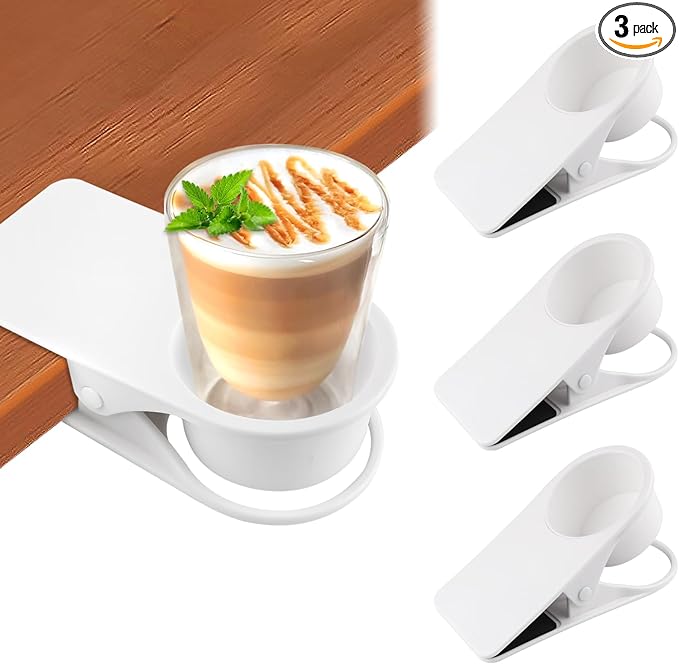 3PCS Drinking Cup Holder Clip, Kalolary Chair Desk Bottle Cup Stand DIY Glass Clamp Storage Saucer Clip for Potted Plant Beverage Soda Coffee Mug Holder Clip for Home & Office (White)