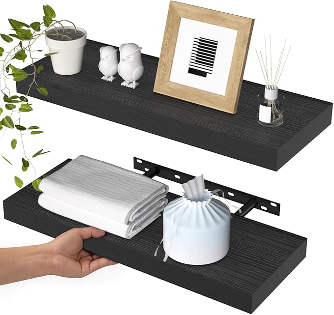 WALI Floating Shelves for Wall, 2 Tier Bathroom Storage Shelf Over Toilet, for Bedroom Bookshelf, Living Room Decor, Kitchen, Nursery, Laundry, Soundbar Floating Shelf Mount Under TV (CS102L), Black