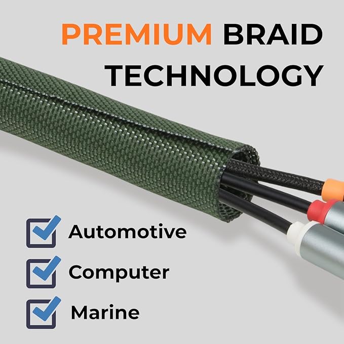 1/8 inch Split Braided Cable Management Sleeve for USB Cable Power Cord Audio Video Cable, Wire Loom Cord Protector from Cat Dog Chewing (Dark Green, 25FT)