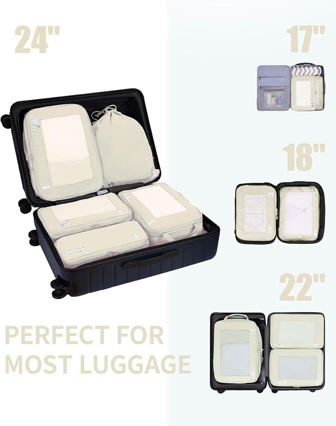 ECOHUB 5 Set Compression Packing Cubes for Suitcases Organiser Bags Set Travel Essentials with Shoe Bag for Traveling Tear-resistant Travel Accessories with ID Tag Expandable Packing Bags (Beige)