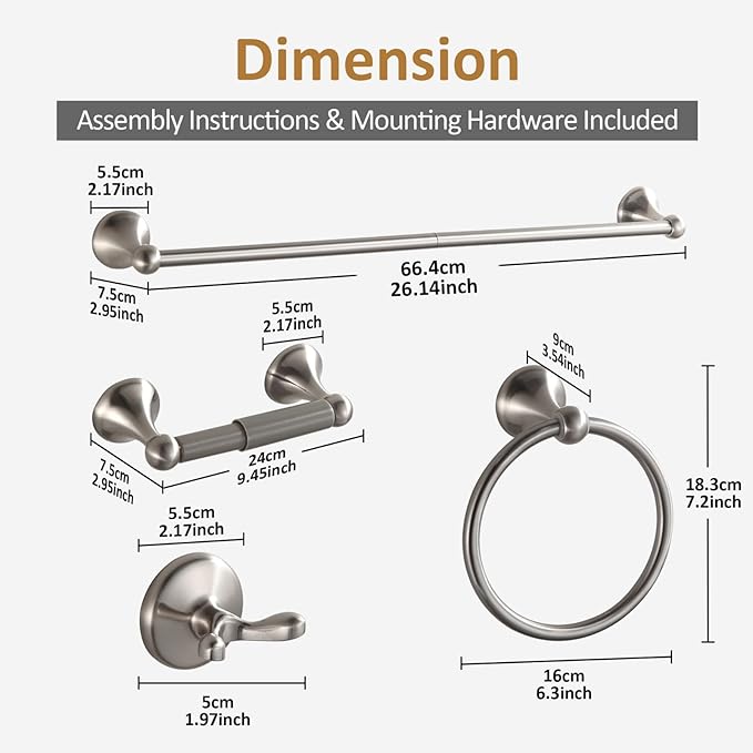 BGL Bathroom Accessories Set, Glossy Satin Nickel Expandable Towel Bar, 4-Piece Bathroom Accessory Set Wall Mounted, Towel Ring, Robe Hook, Toilet Paper Holder, Towel Holder