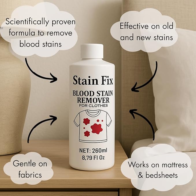 Blood Stain Remover for Clothes (8.79oz) - Removes Blood & Period Stains from Clothes, Mattress & Sheets - Enzyme Formula for Fresh & Dried Stains