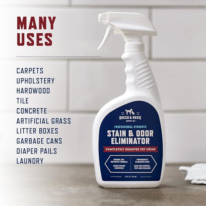 Rocco & Roxie Supply Co. Stain & Strong Odor Eliminator, Enzyme Cleaner, Pet Odor Eliminator for Home - Carpet Stain Remover for Cats & Dog Pee - Urine Destroyer - Carpet Cleaner Spray Clear, 32 Fl Oz