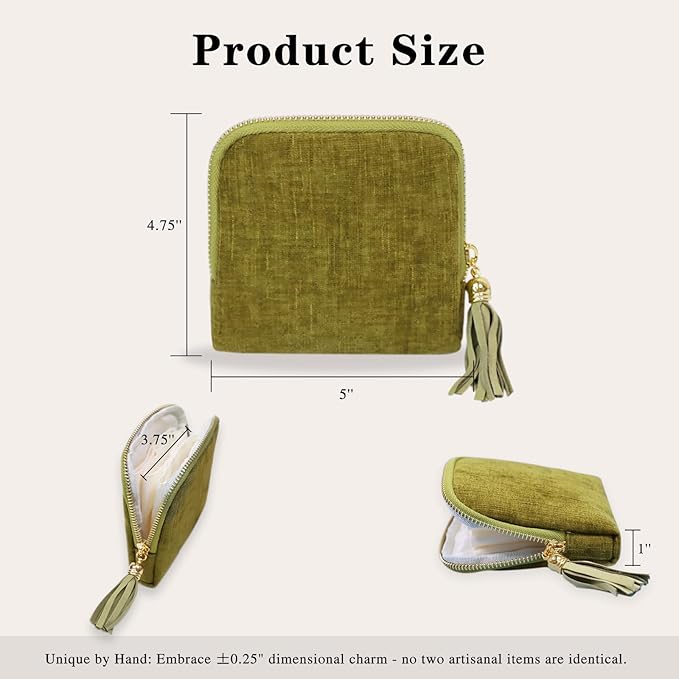 Stratalife Travel Jewelry Case Organizer for Women Portable Jewelry Box with Small Pouches for Gemstones Healing Crystal Bracelets, Necklace Bangles Storage, Pendants Ring Holder Zipper, Green Tassel