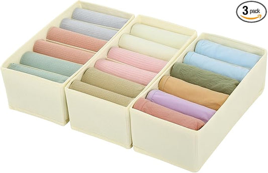 Qozary 3 Pack Sock Underwear Drawer Organizer Dividers, Non-Woven Fabric Collapsible Cabinet Closet Storage Boxes for Clothes, Socks, Lingerie, Underwear, Tie, Belt, Baby, Bedroom (Beige, 6 Cells)