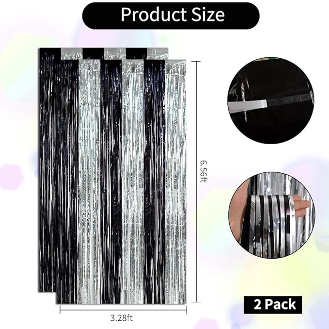 BEISHIDA 2Pcs Black Silver Door Streamers Congrats Grade 2025 Decoration Backdrop Foil Fringe Tinsel Party Streamers Curtains for Birthday Graduation Bachelorette Party Decorations (3.28 ft x 6.56 ft)