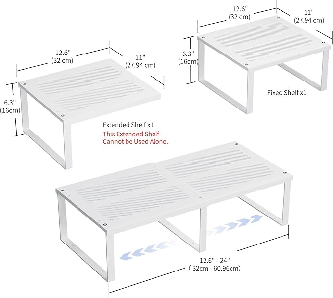 11" Wide Kitchen Adjustable Expandable Pantry Cabinet Shelf Organizer 12.6"~24,Stackable Counter Shelf 12.6" L x 11" Dx 6.3" H,Extra Storage Space Saver Shelves Rack