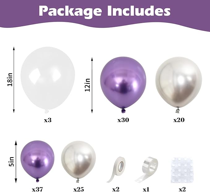Metallic Purple Silver Balloon Garland Arch Kit,Chrome Purple and Silver Metallic Balloons with 18/12/5 Inch Different Sizes for Graduation Baby Shower Birthday Party Decorations